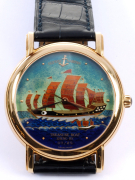 W1480
UYLESS NARDIN 雅典錶
TREASURE BOAT ZHENG HE 07/25
彩繪塘瓷琺琅 鄭和下西洋 限量第七支
自動上鍊機芯 18K玫瑰金
錶頭直徑:37mm 厚度:9mm
 